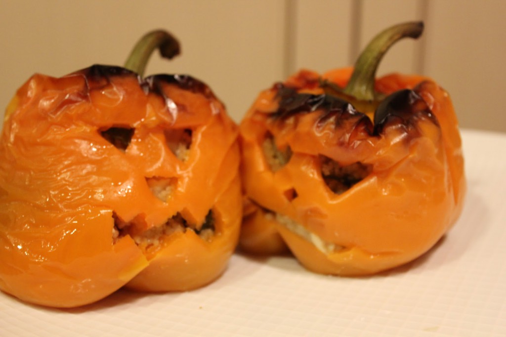 Jack O'Lantern Couscous Stuffed Peppers with Basil Sauce